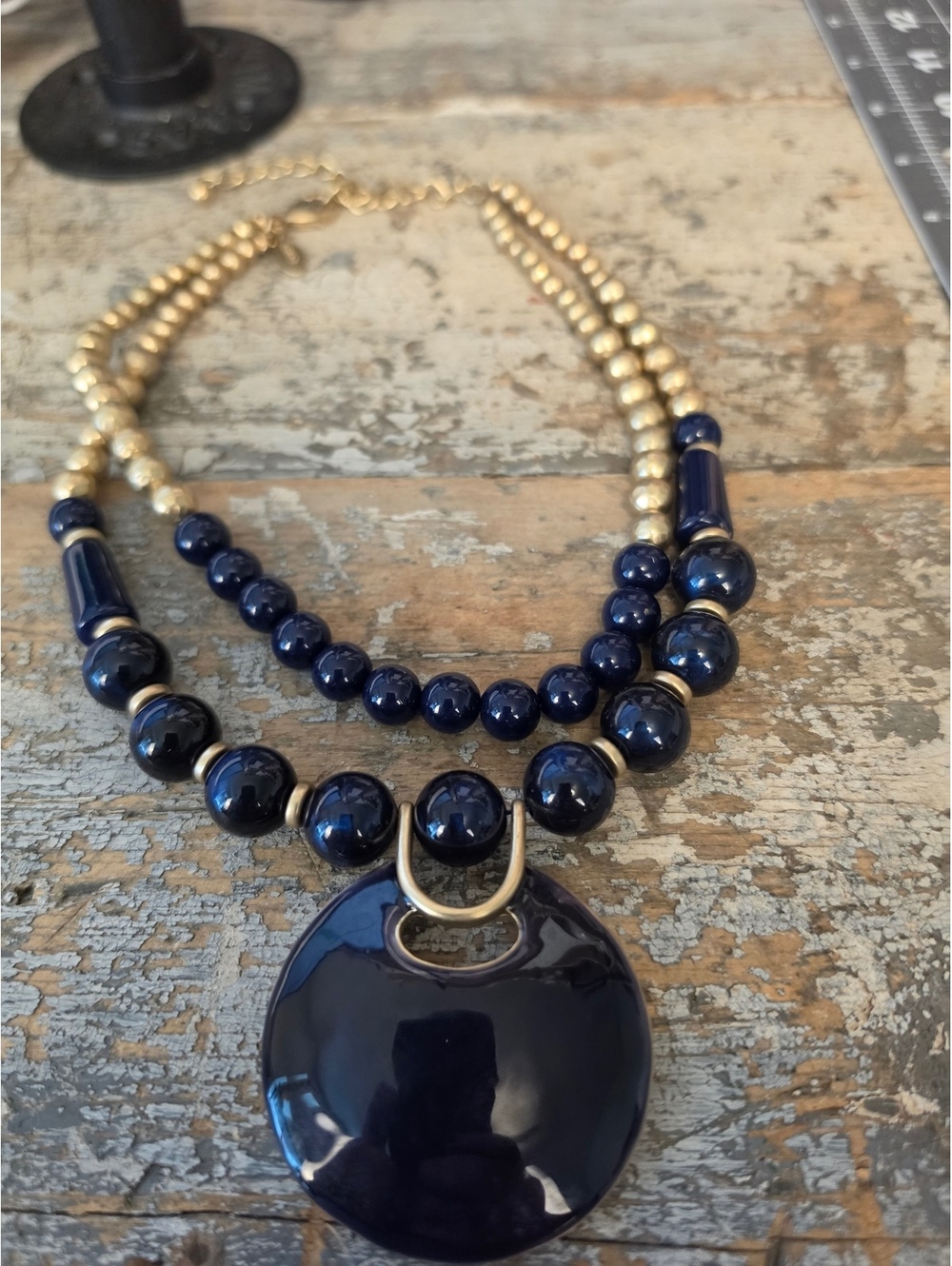 Chico's Blue and Gold Tone Double Strand Beaded Necklace with Large Pendant